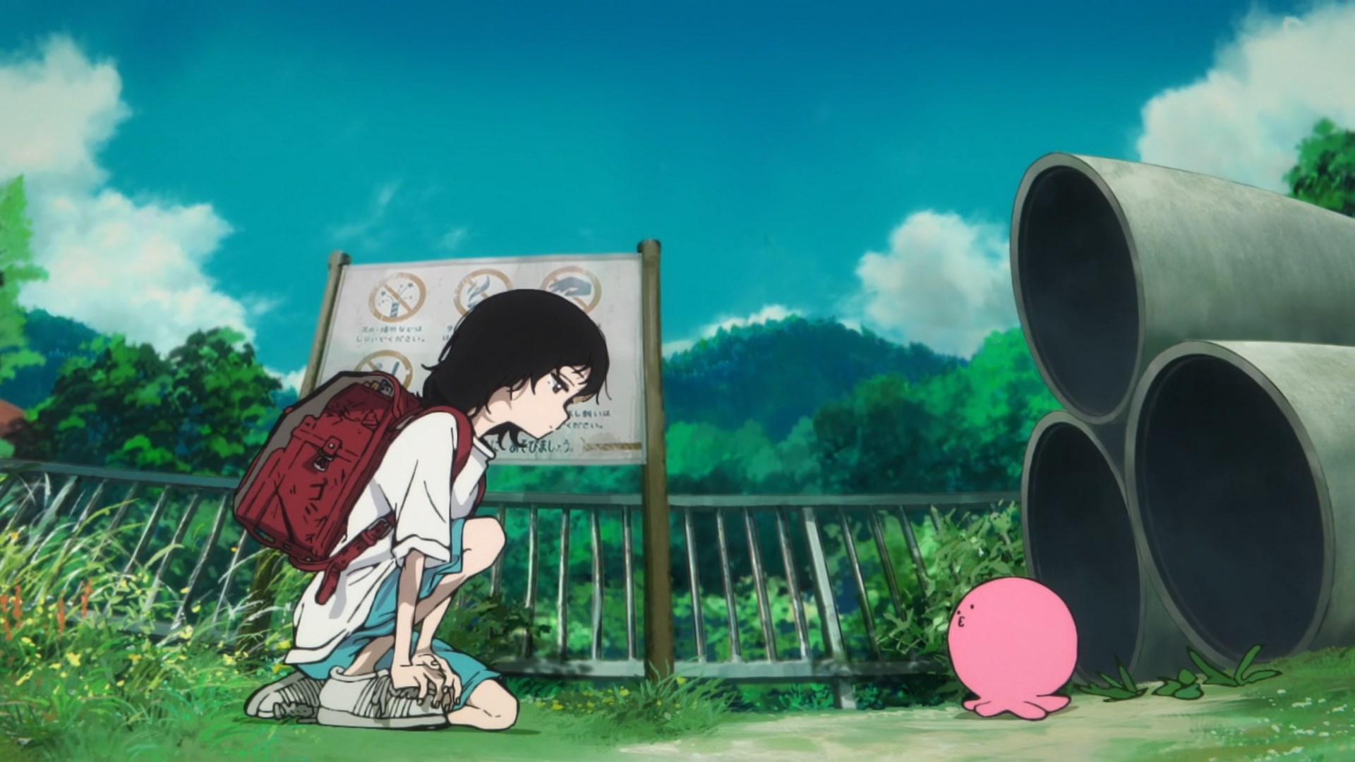Shizuka, a black haired fourth grader wearing short gym trousers and a white t-shirt, with a bred backpack on, meets Takopi, a very round, pink octopus like alien.